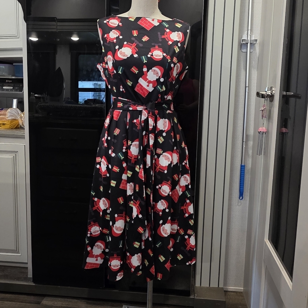 Ouges Festive Black Santa Print Midi Fit & Flare … - image 2